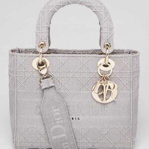 Christian Dior Grey Cannage Embroidery Canvas Medium Lady D-Lite Bag
